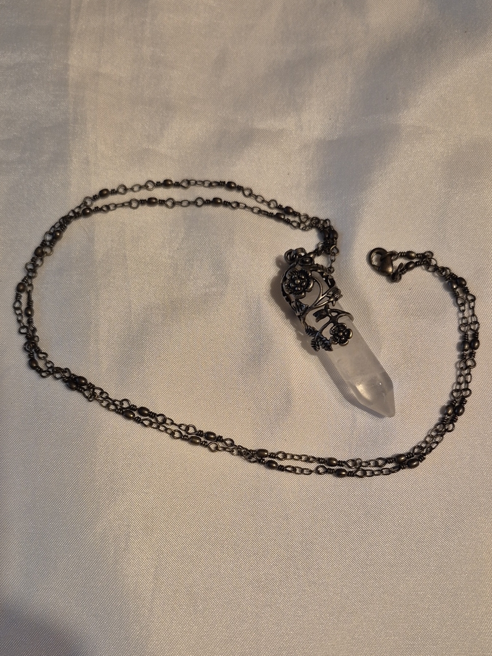 Sterling-Effect Black Chain Clear Crystal Point Pendant Necklace